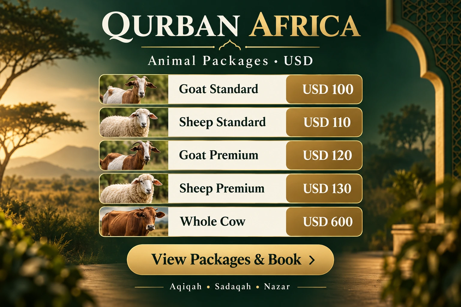 Animal packages in USD: Goat Standard 100, Sheep Standard 110, Goat Premium 120, Sheep Premium 130, Whole Cow 600. View packages and book.