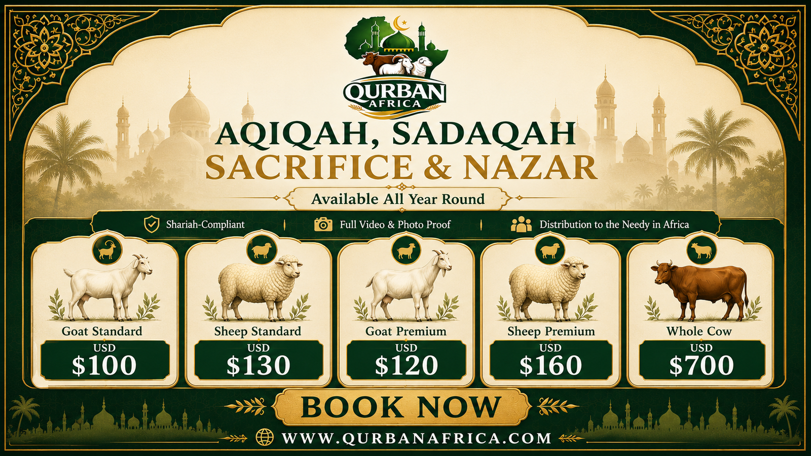 Qurban Africa Aqiqah, Sadaqah Sacrifice and Nazar packages available all year round